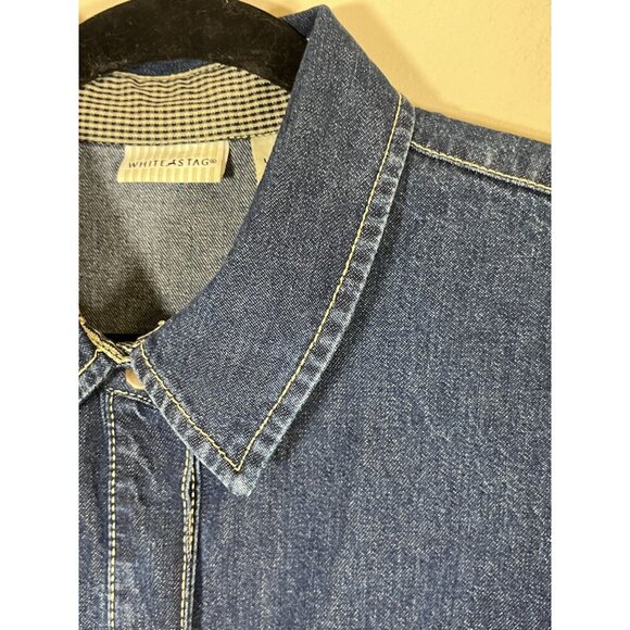 Vintage Denim Dress L Blue Western Chic Pearl Snap Classic Preppy Neutral 80s - Picture 4 of 13